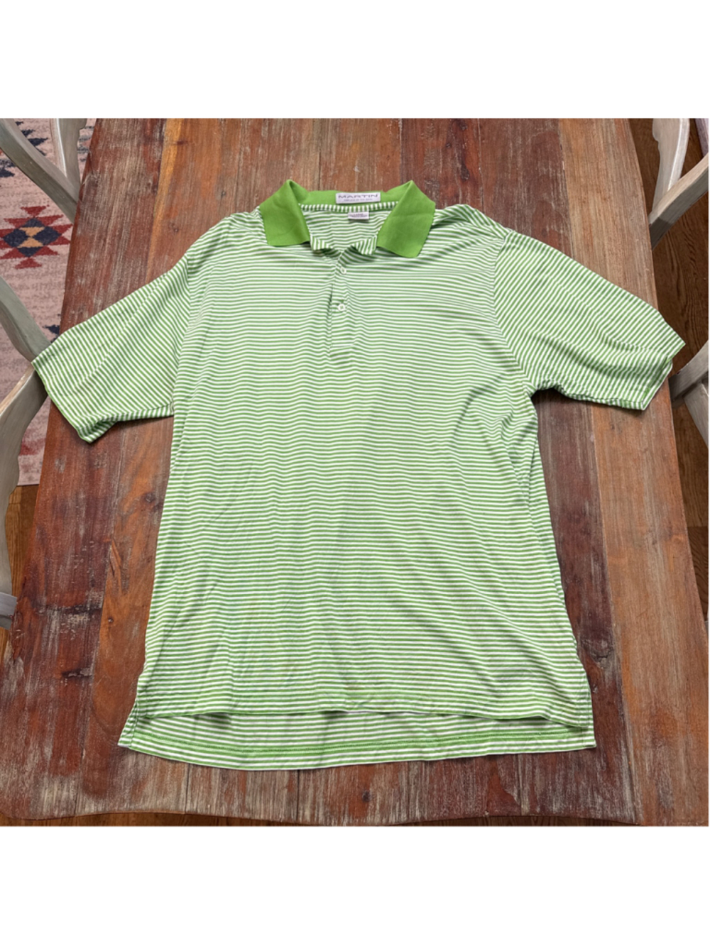 Martin Golf Mens Large Polo Shirt Green White Striped Pima Cotton Short Sleeve